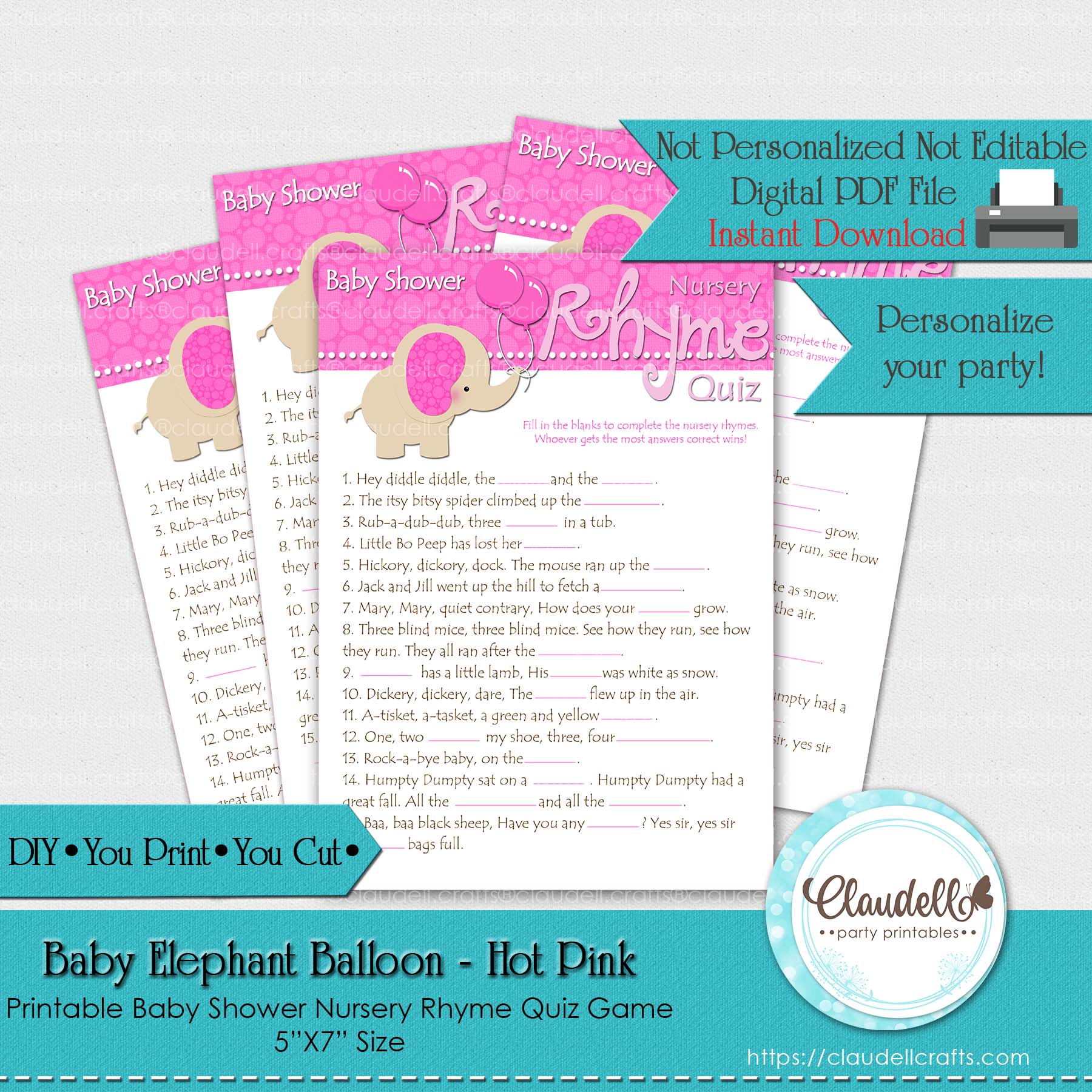 Baby Elephant - Hot Pink Nursery Rhyme Quiz Baby Shower Game Card/Digital File Only