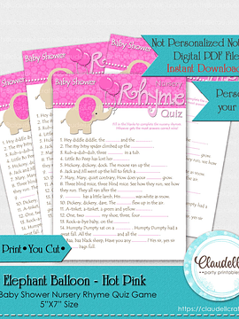 Baby Elephant - Hot Pink Nursery Rhyme Quiz Baby Shower Game Card/Digital File Only