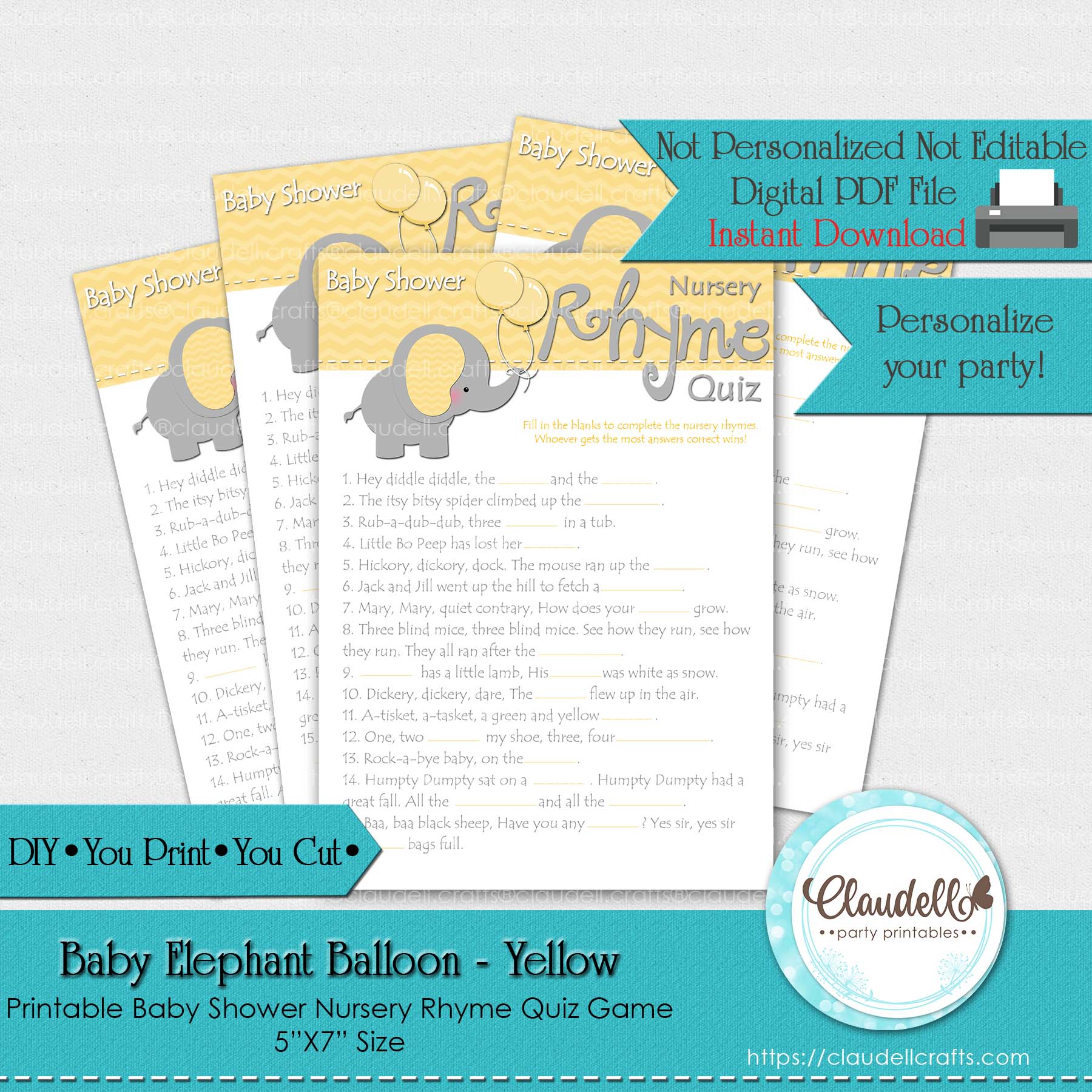 Baby Elephant - Yellow Nursery Rhyme Quiz Baby Shower Game Card/Digital File Only