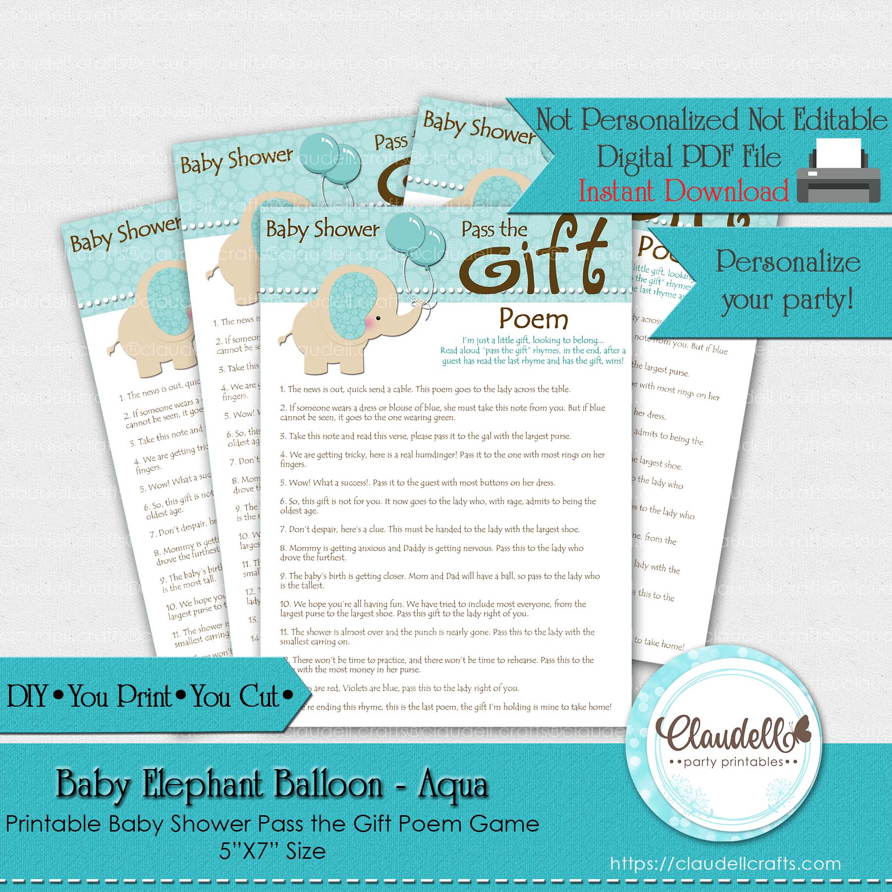 Baby Elephant - Aqua Pass the Gift Poem Baby Shower Game Card/Digital File Only