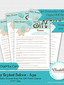 Baby Elephant - Aqua Pass the Gift Poem Baby Shower Game Card/Digital File Only
