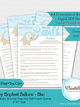 Baby Elephant - Blue Pass the Gift Poem Baby Shower Game Card/Digital File Only