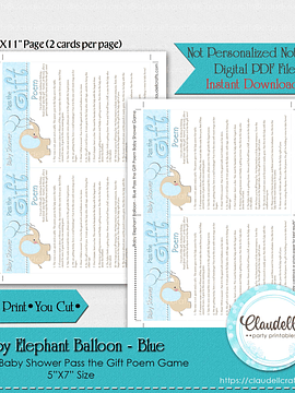 Baby Elephant - Blue Pass the Gift Poem Baby Shower Game Card/Digital File Only
