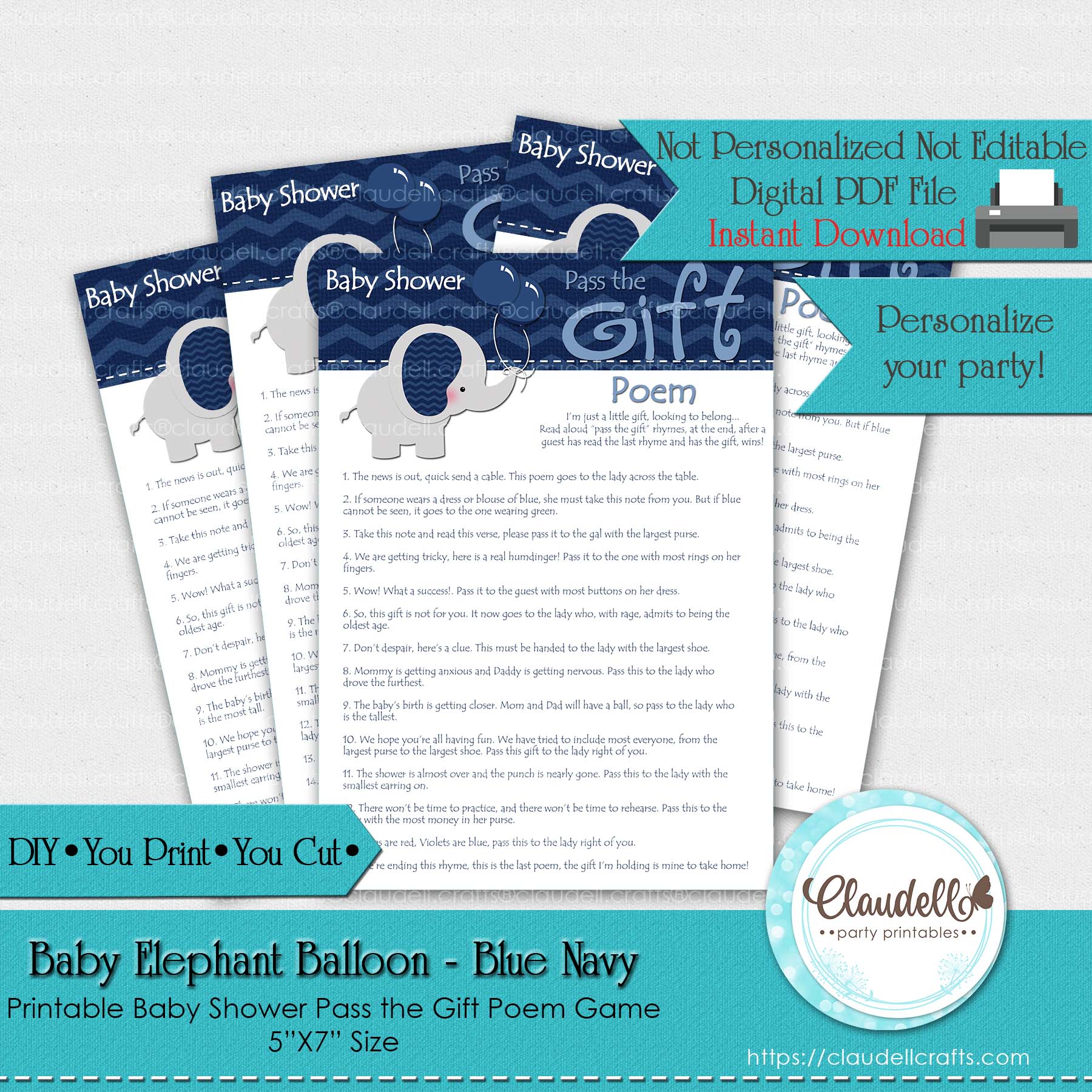 Baby Elephant - Blue Navy Pass the Gift Poem Baby Shower Game Card/Digital File Only