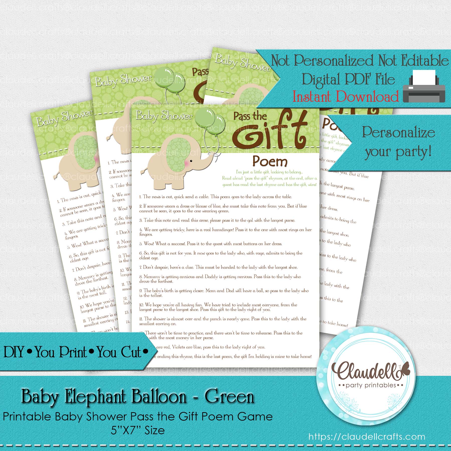 Baby Elephant - Green Pass the Gift Poem Baby Shower Game Card/Digital File Only