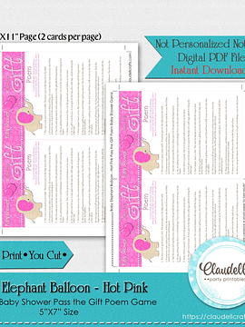 Baby Elephant - Hot Pink Pass the Gift Poem Baby Shower Game Card/Digital File Only