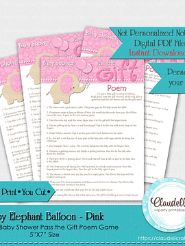 Baby Elephant - Pink Pass the Gift Poem Baby Shower Game Card/Digital File Only