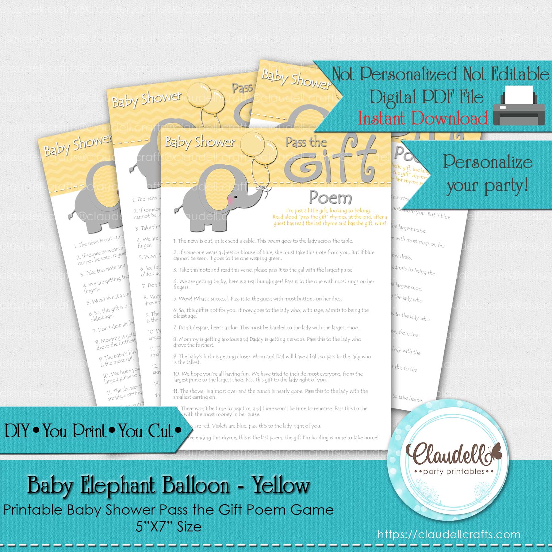Baby Elephant - Yellow Pass the Gift Poem Baby Shower Game Card/Digital File Only