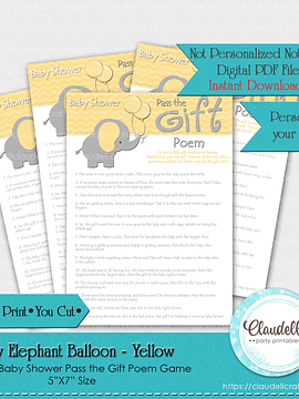 Baby Elephant - Yellow Pass the Gift Poem Baby Shower Game Card/Digital File Only