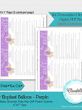 Baby Elephant - Purple Pass the Gift Poem Baby Shower Game Card/Digital File Only
