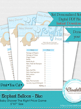 Baby Elephant - Blue The Right Price Baby Shower Game Card/Digital File Only