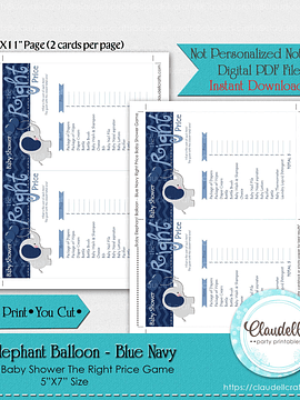 Baby Elephant - Blue Navy The Right Price Baby Shower Game Card/Digital File Only