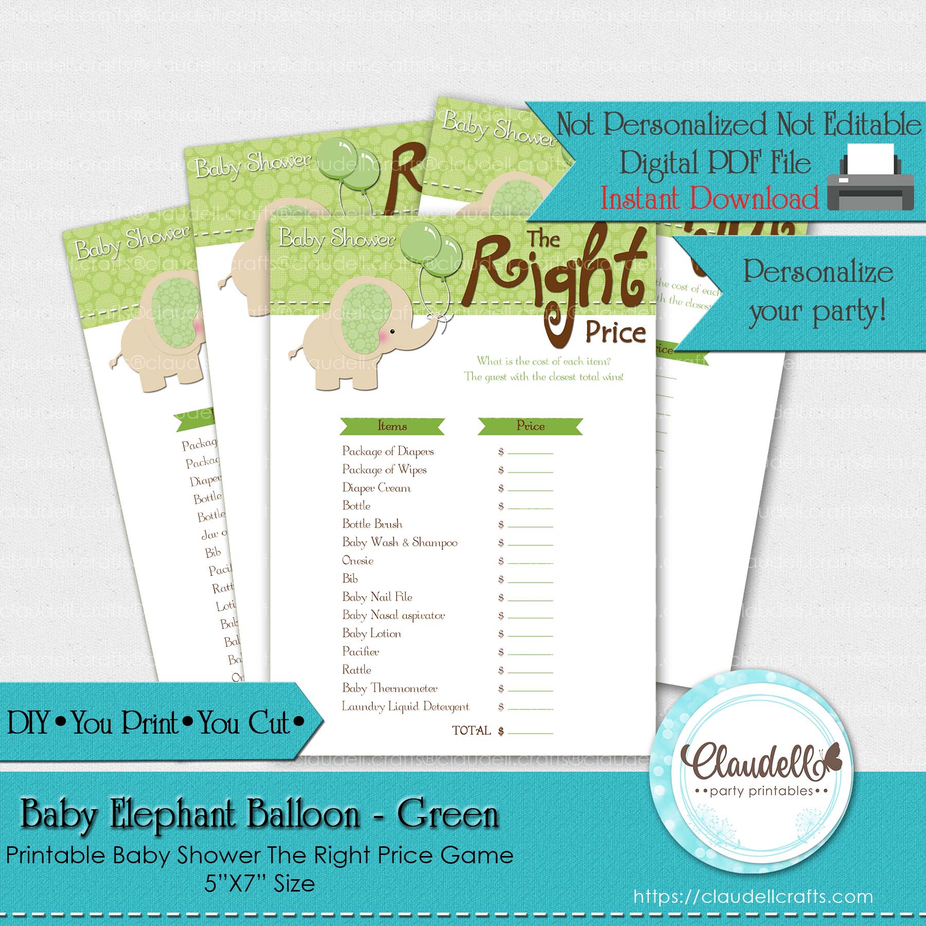 Baby Elephant - Green The Right Price Baby Shower Game Card/Digital File Only