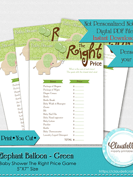 Baby Elephant - Green The Right Price Baby Shower Game Card/Digital File Only