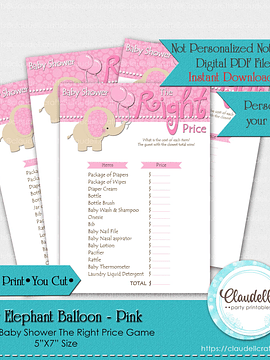Baby Elephant - Pink The Right Price Baby Shower Game Card/Digital File Only