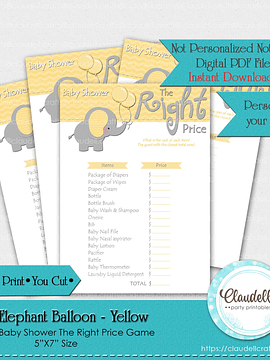 Baby Elephant - Yellow The Right Price Baby Shower Game Card/Digital File Only