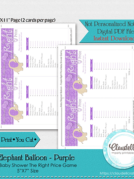 Baby Elephant - Purple The Right Price Baby Shower Game Card/Digital File Only