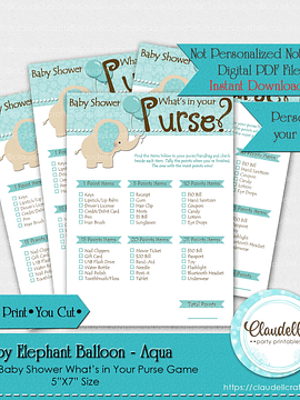 Baby Elephant - Aqua What is in Your Purse Baby Shower Game Card/Digital File Only