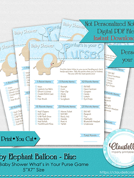 Baby Elephant - Blue What is in Your Purse Baby Shower Game Card/Digital File Only
