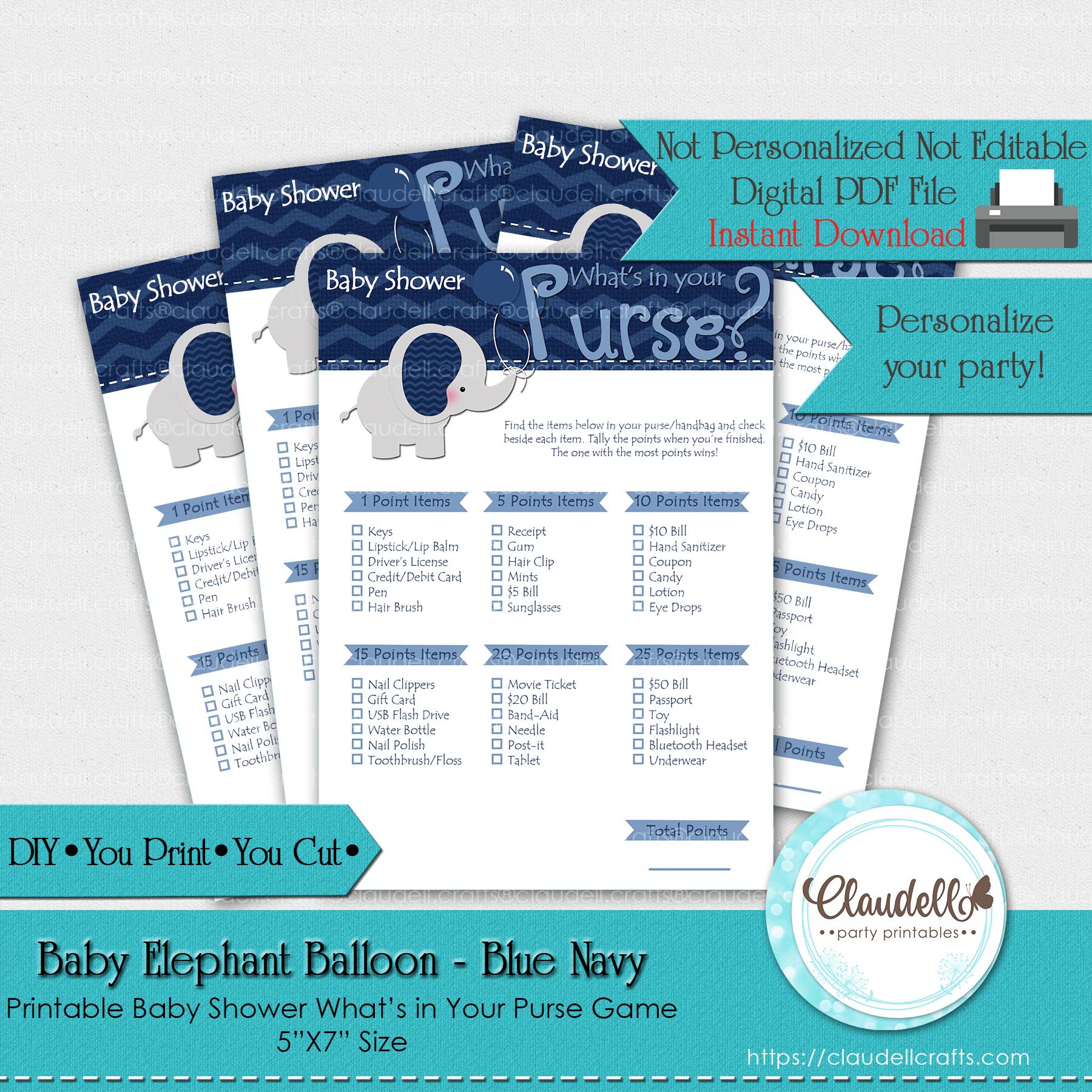 Baby Elephant - Blue Navy What is in Your Purse Baby Shower Game Card/Digital File Only