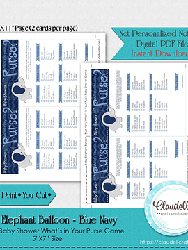 Baby Elephant - Blue Navy What is in Your Purse Baby Shower Game Card/Digital File Only