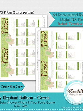Baby Elephant - Green What is in Your Purse Baby Shower Game Card/Digital File Only