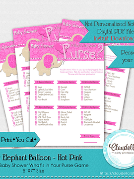 Baby Elephant - Hot Pink What is in Your Purse Baby Shower Game Card/Digital File Only