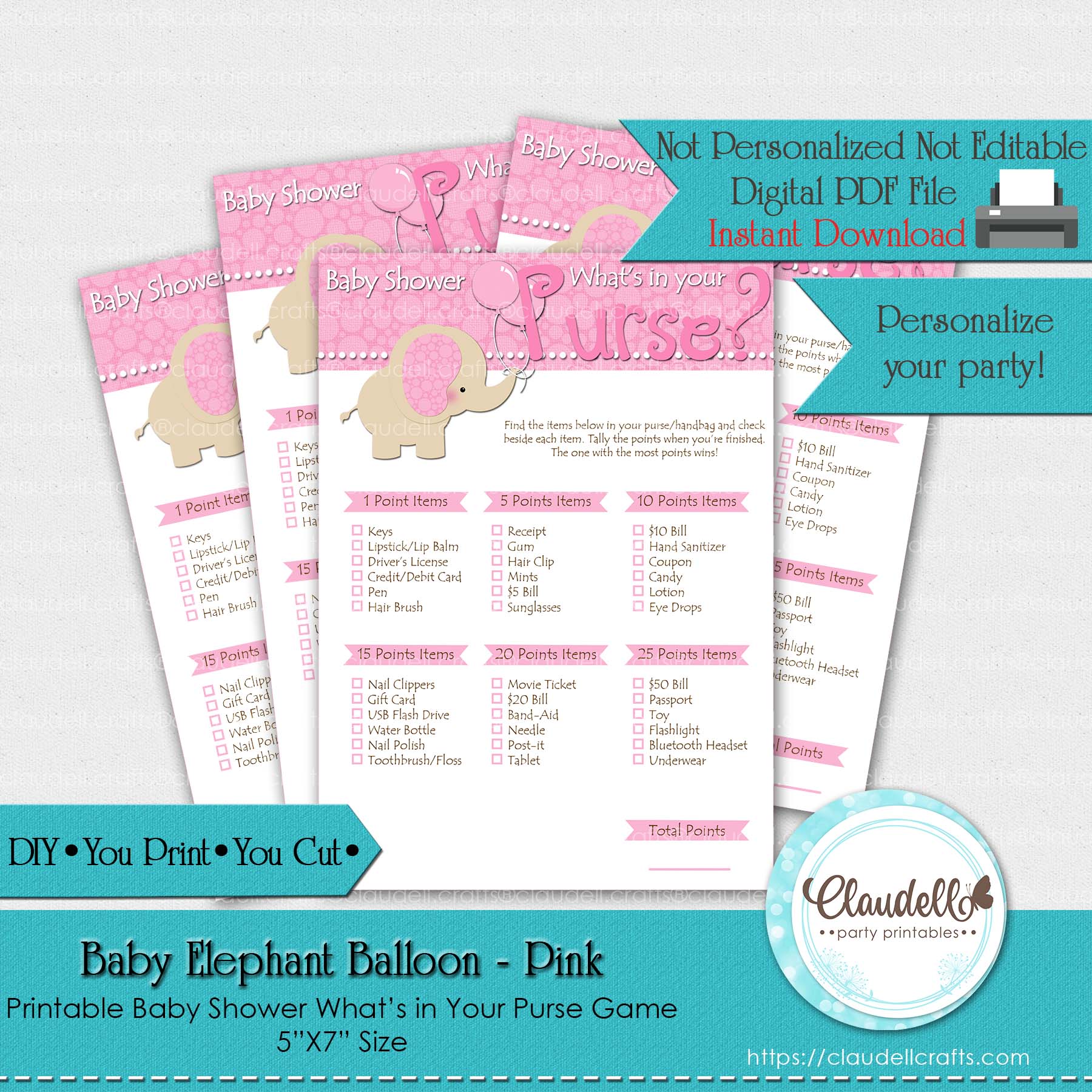 Baby Elephant - Pink What is in Your Purse Baby Shower Game Card/Digital File Only