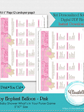 Baby Elephant - Pink What is in Your Purse Baby Shower Game Card/Digital File Only