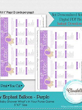 Baby Elephant - Purple What is in Your Purse Baby Shower Game Card/Digital File Only