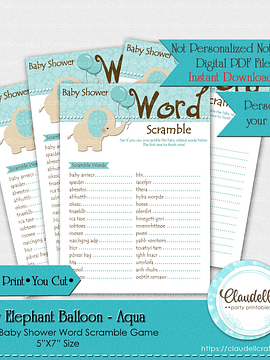 Baby Elephant - Aqua Word Scramble Baby Shower Game Card/Digital File Only