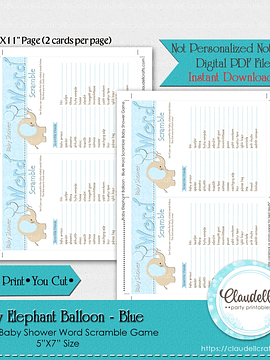 Baby Elephant - Blue Word Scramble Baby Shower Game Card/Digital File Only