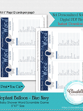 Baby Elephant - Blue Navy Word Scramble Baby Shower Game Card/Digital File Only