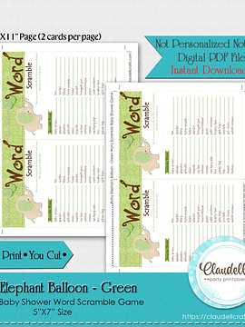 Baby Elephant - Green Word Scramble Baby Shower Game Card/Digital File Only