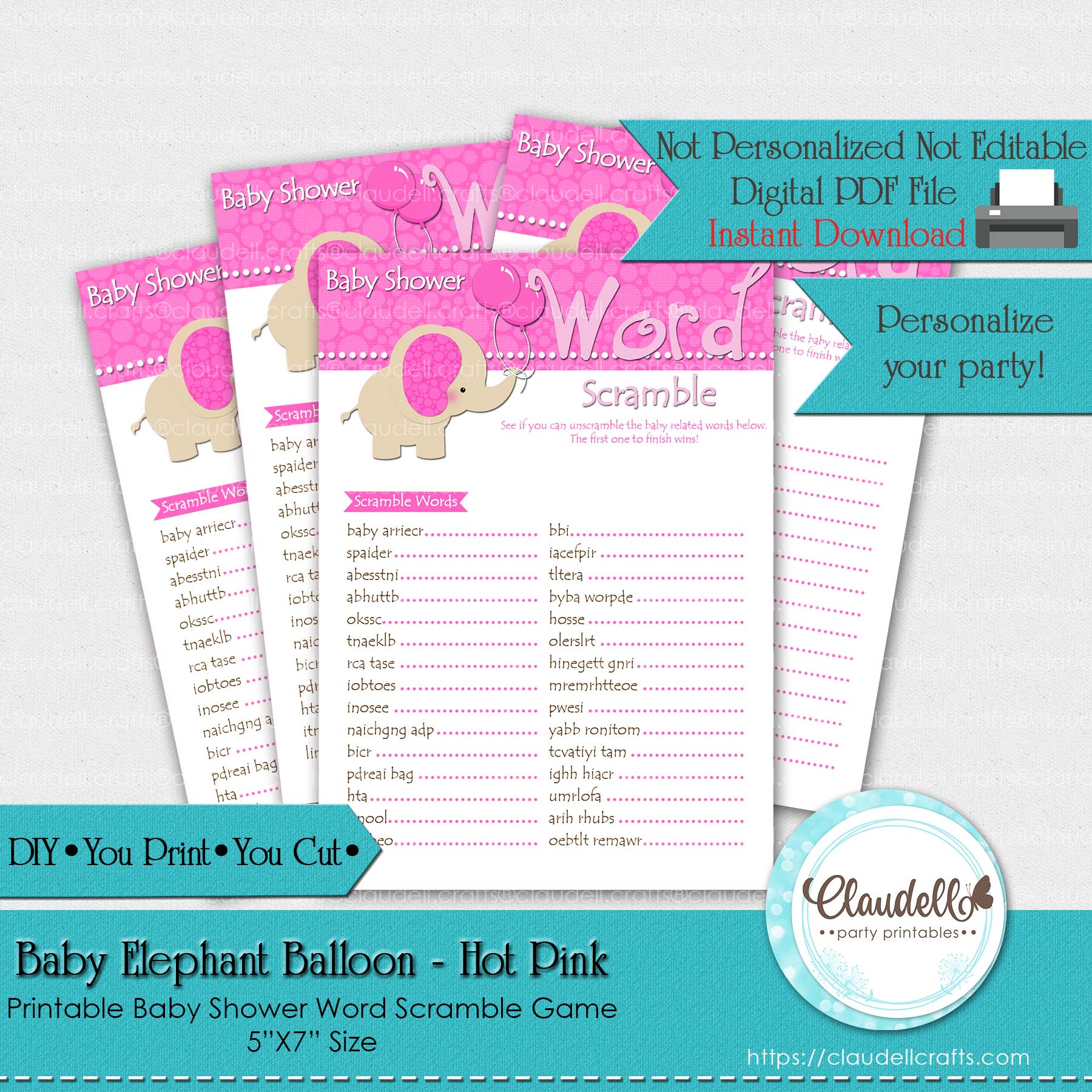 Baby Elephant - Hot Pink Word Scramble Baby Shower Game Card/Digital File Only