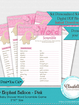 Baby Elephant - Pink Word Scramble Baby Shower Game Card/Digital File Only
