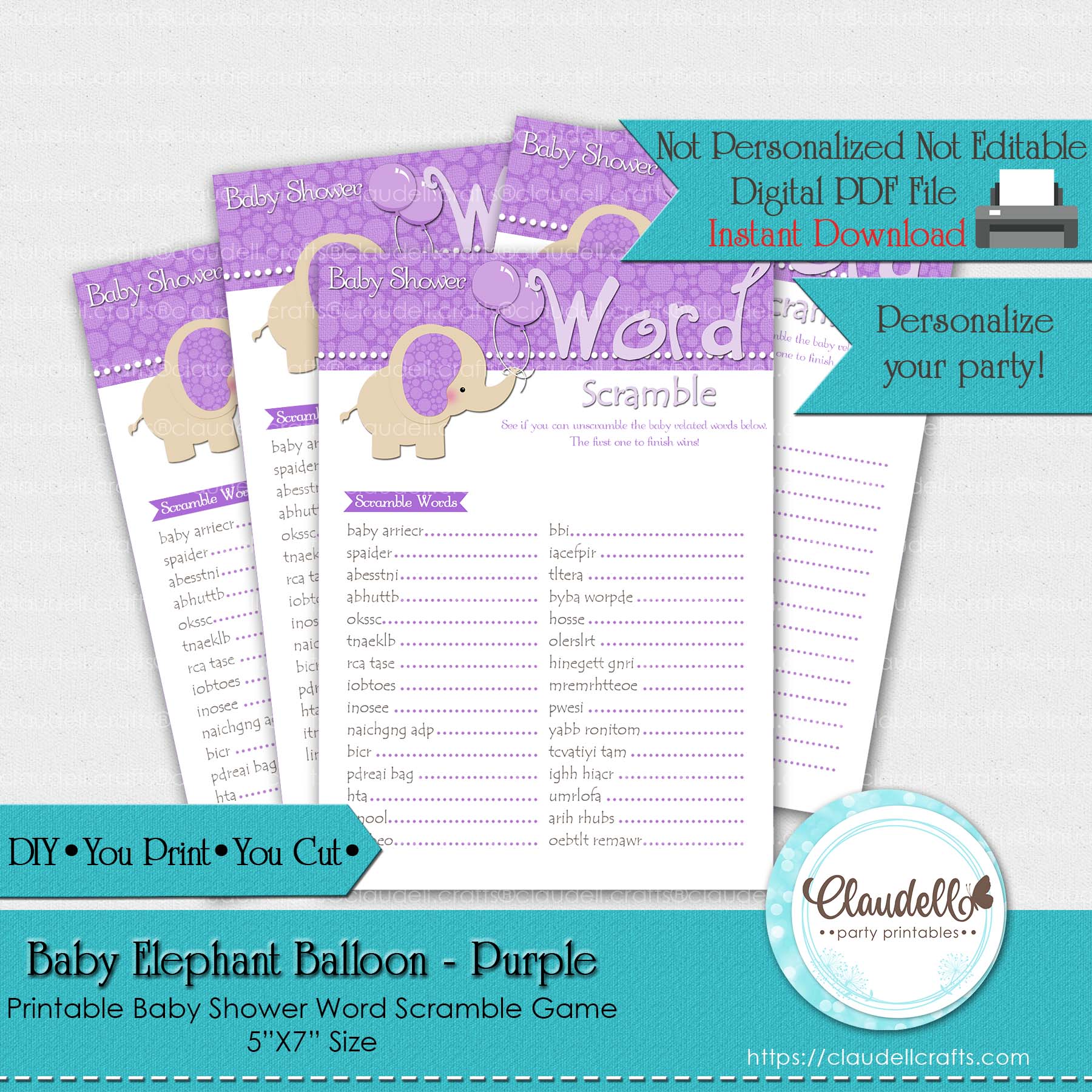 Baby Elephant - Purple Word Scramble Baby Shower Game Card/Digital File Only