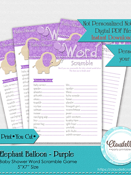 Baby Elephant - Purple Word Scramble Baby Shower Game Card/Digital File Only