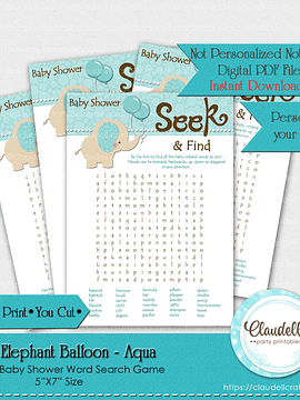 Baby Elephant - Aqua Word Search Baby Shower Game Card/Digital File Only