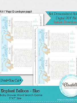 Baby Elephant - Blue Word Search Baby Shower Game Card/Digital File Only