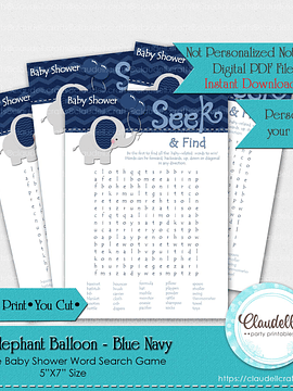 Baby Elephant - Blue Navy Word Search Baby Shower Game Card/Digital File Only