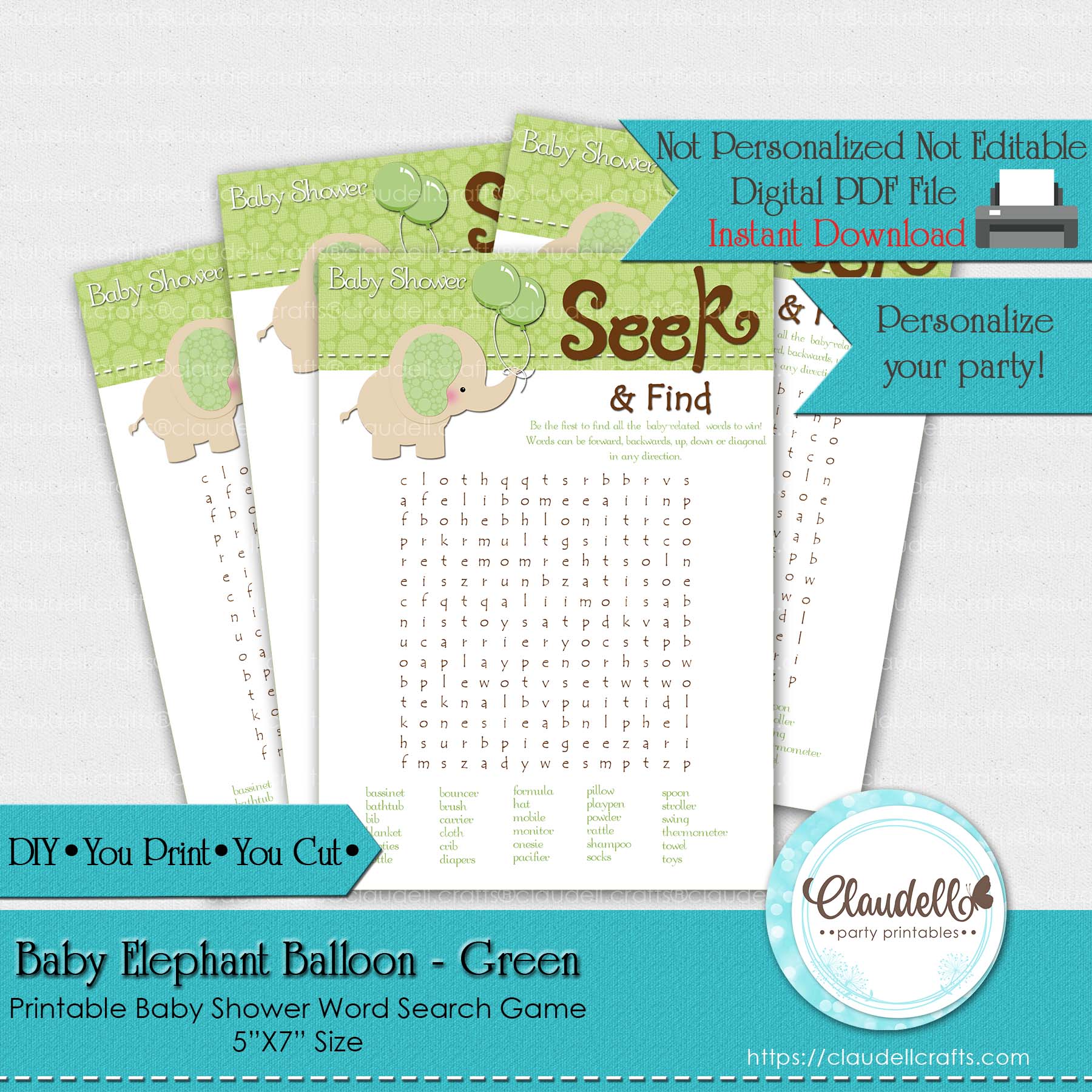 Baby Elephant - Green Word Search Baby Shower Game Card/Digital File Only