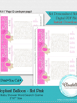 Baby Elephant - Hot Pink Word Search Baby Shower Game Card/Digital File Only
