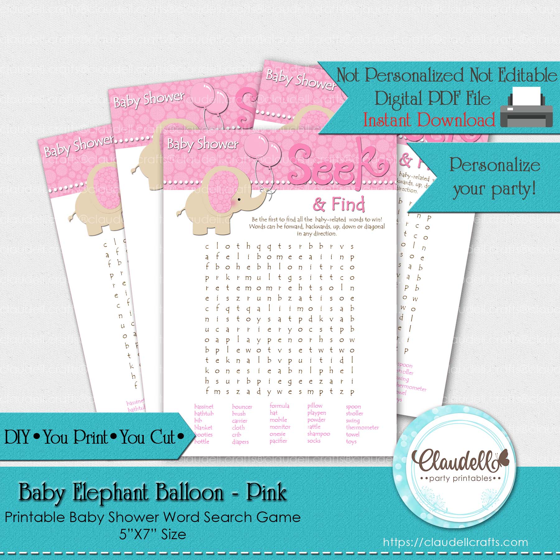 Baby Elephant - Pink Word Search Baby Shower Game Card/Digital File Only