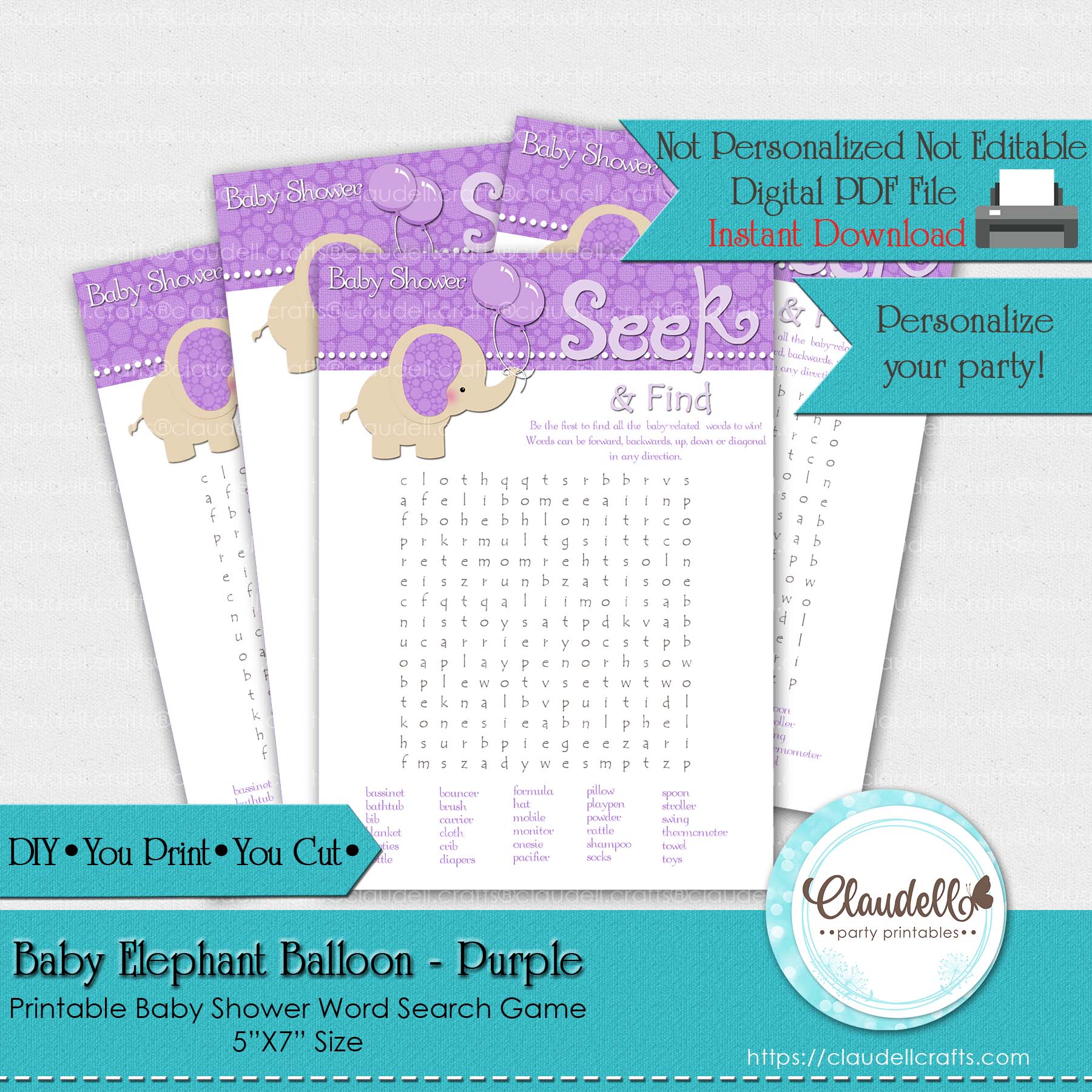 Baby Elephant - Purple Word Search Baby Shower Game Card/Digital File Only