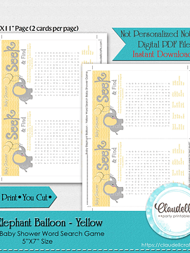 Baby Elephant - Yellow Word Search Baby Shower Game Card/Digital File Only