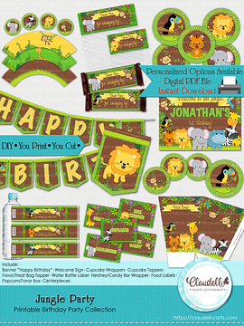 Jungle Party Collection Printable, Jungle Wild Birthday Party Decoration, Jungle Zoo Party Decoration, Wild One Birthday, Safari Party Favors/Digital File Only