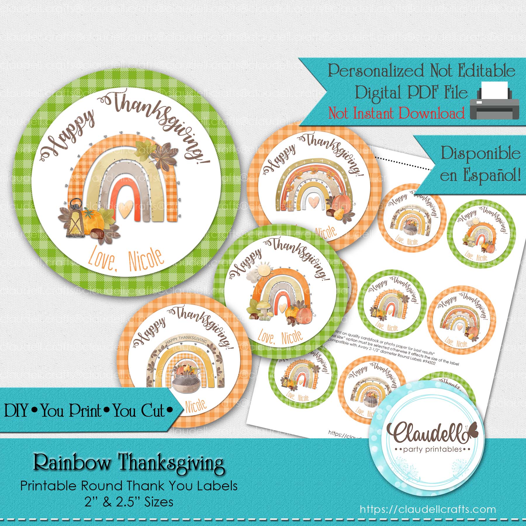 Rainbow Thanksgiving 2023 Labels Thank You Labels Party Favors/Digital File Only
