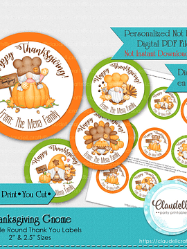 Thanksgiving Gnome 2023 Labels Thank You Labels Party Favors/Digital File Only