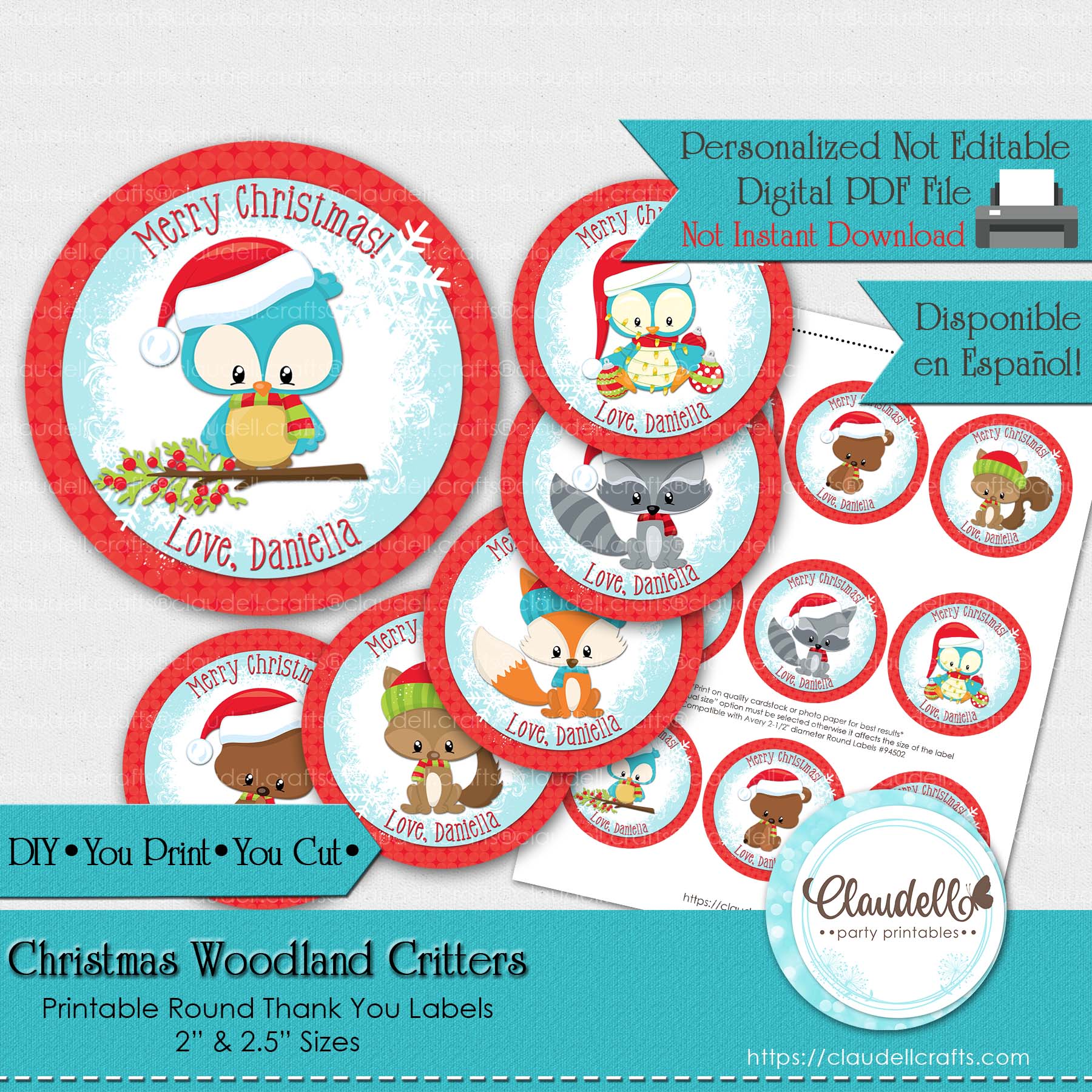 Christmas Woodland Critters Labels Thank You Labels Party Favors/Digital File Only
